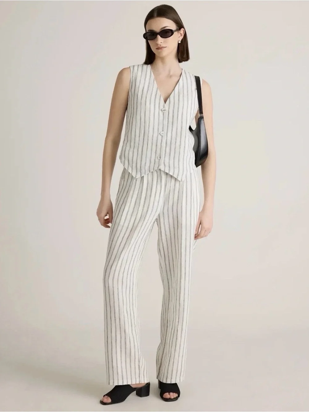 NWT Quince 100% European Linen Pleated Trouser Pants, Size 12-Oatmeal/Blk Stripe
